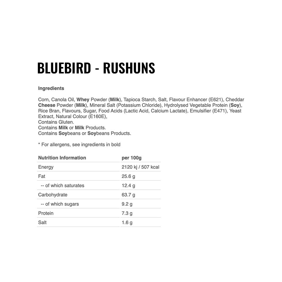 
            
                Load image into Gallery viewer, Bluebird - Rashuns - Ingredients and Nutritional Information
            
        