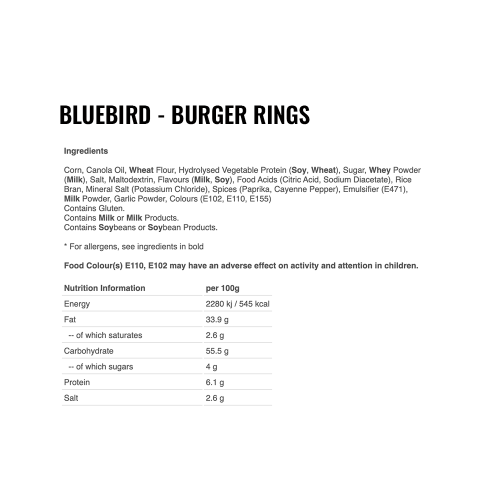 Bluebird - Burger Rings - Ingredients and Nutritional Information