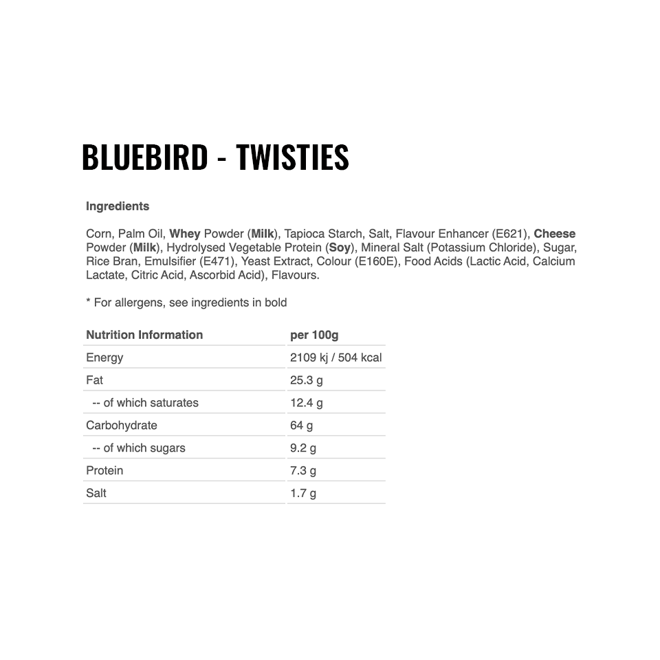 Bluebird - Twisties - Ingredients and Nutritional Information