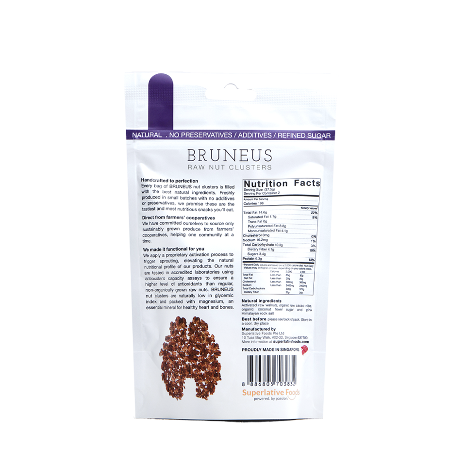 Bruneus - Activated Walnuts And Cacao Nibs (30g) - Back Side