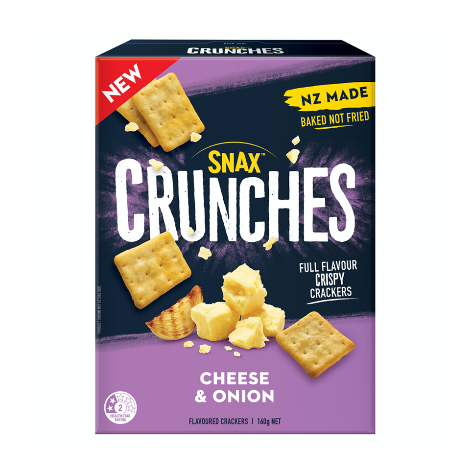 
            
                Load image into Gallery viewer, Snax - Cheese &amp;amp; Onion Crunches (160g) - Front Side
            
        