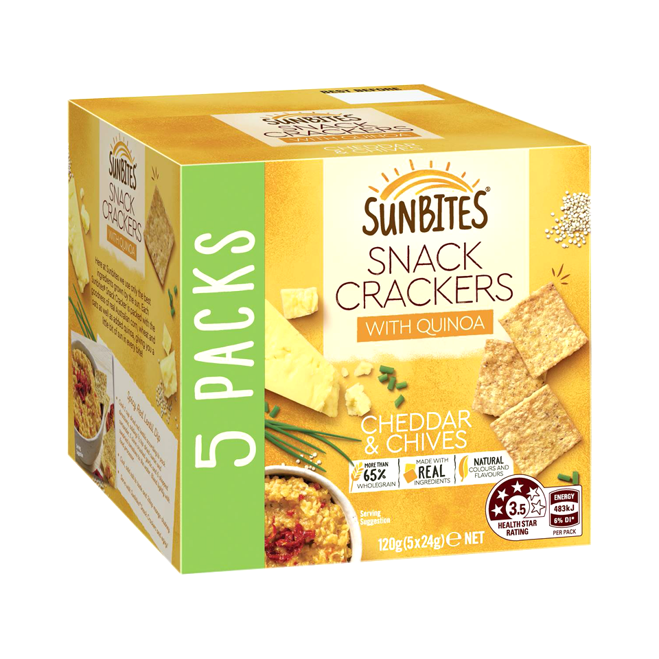 Sunbites - Cheddar And Chives Quinoa Snack Crackers (5/pack) (120g) - Front Packaging