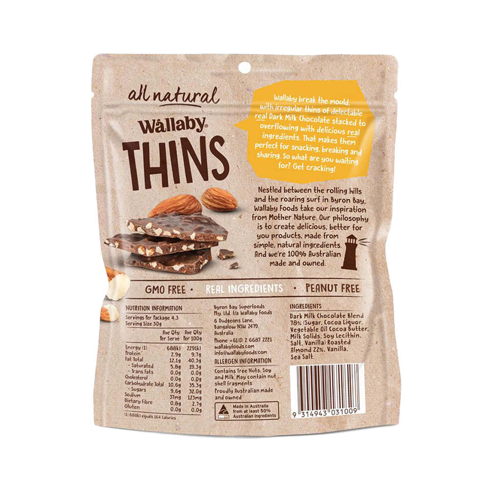 Wallaby Thins - Dark Chocolate Almond Thins (130g) - Back Side