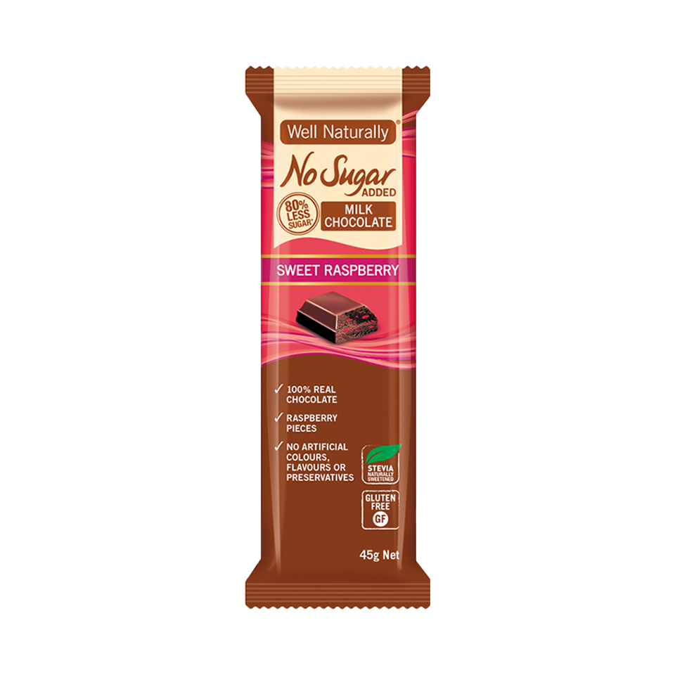 Well Naturally - Sugar Free Raspberry Milk Chocolate (45g) - Front Side