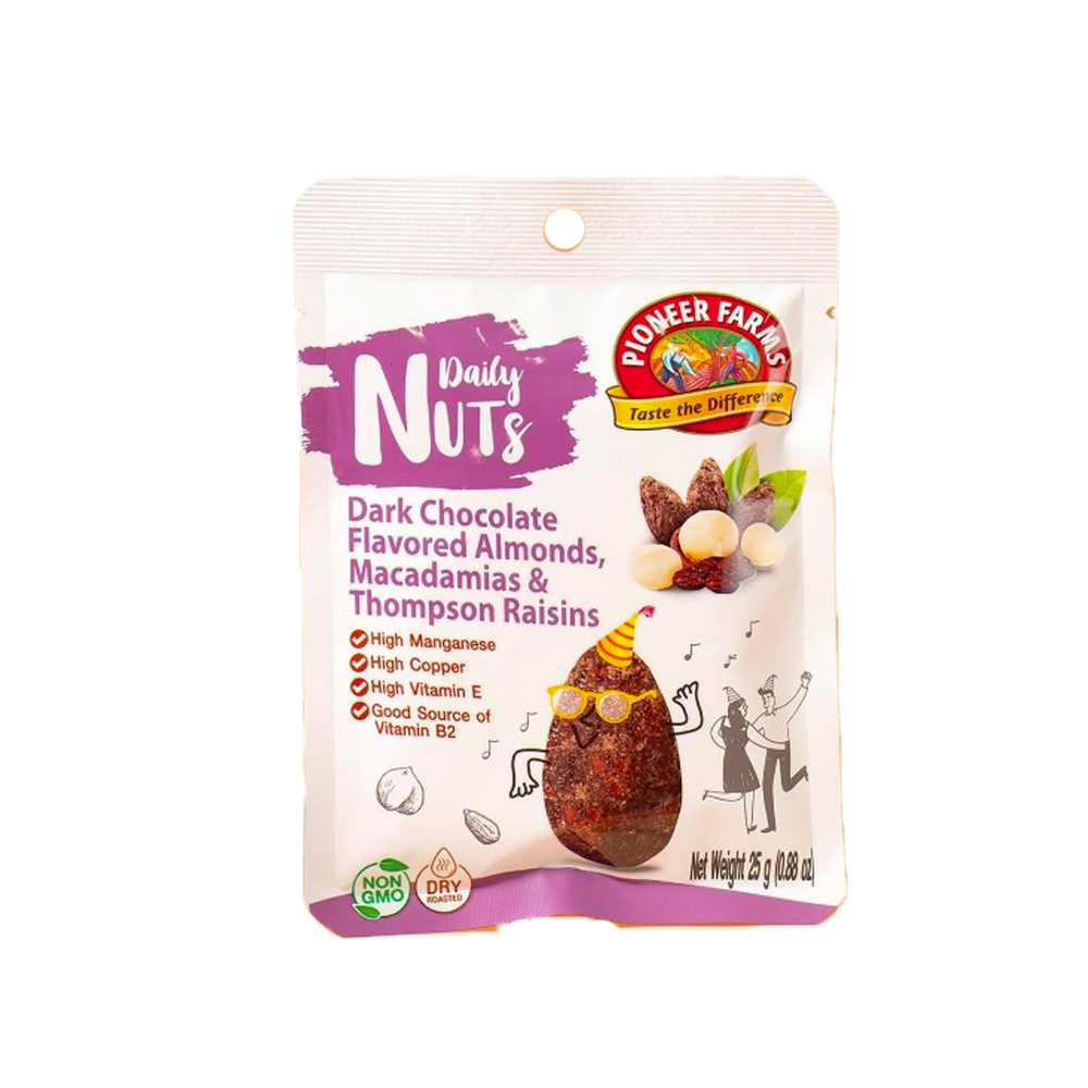 Pioneer Farms - Daily Nuts Dark Chocolate Flavoured Almonds, Macadamias & Thompson Raisins (25g)