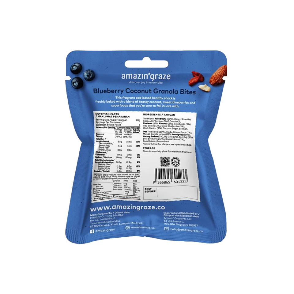 
            
                Load image into Gallery viewer, Amazin&amp;#39; Graze - Blueberry Coconut Granola Bites (40g) (40/carton)
            
        
