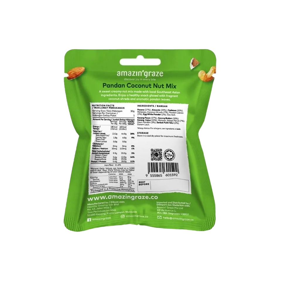 
            
                Load image into Gallery viewer, Amazin Graze - Pandan Coconut Nut Mix (30g) - Back Side
            
        
