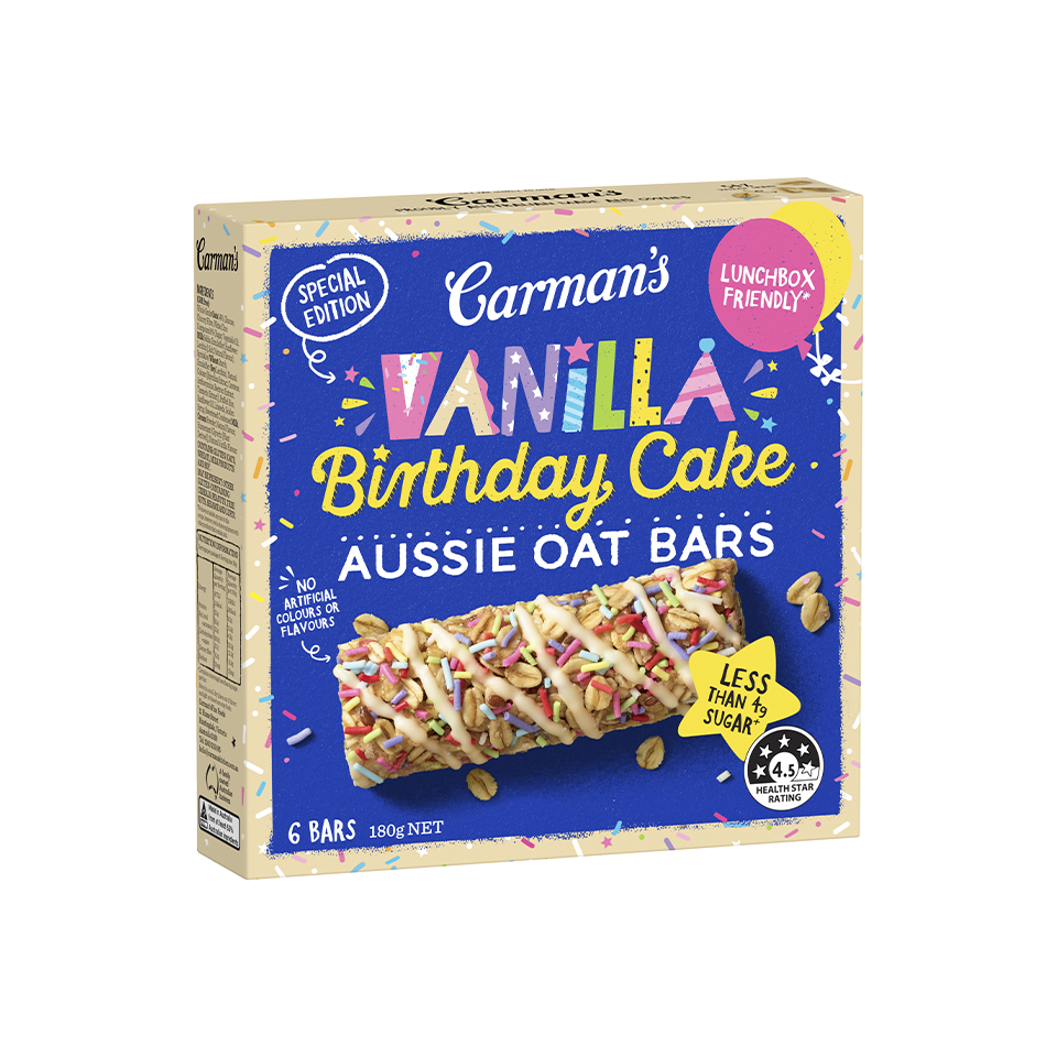 Carmans Vanila Birthday Cake Aussie Oat Bars (6/pack) (45g) - Front Side