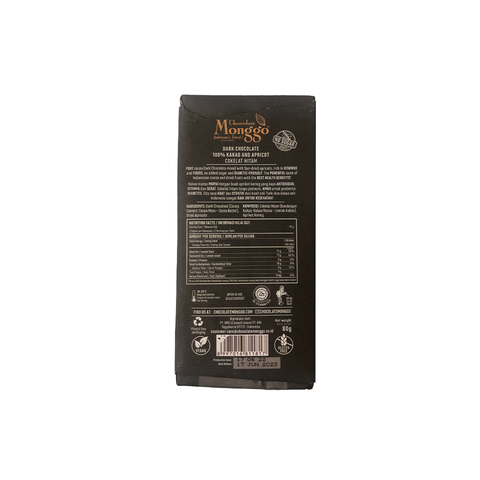 
            
                Load image into Gallery viewer, Chocolate Monggo - Apricot Dark Chocolate 100% Cacao (80g)
            
        