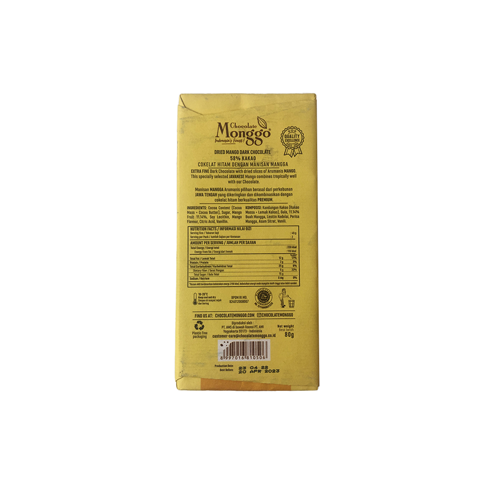
            
                Load image into Gallery viewer, Chocolate Monggo - Dried Mango Dark Chocolate 58% Cacao (80g)
            
        