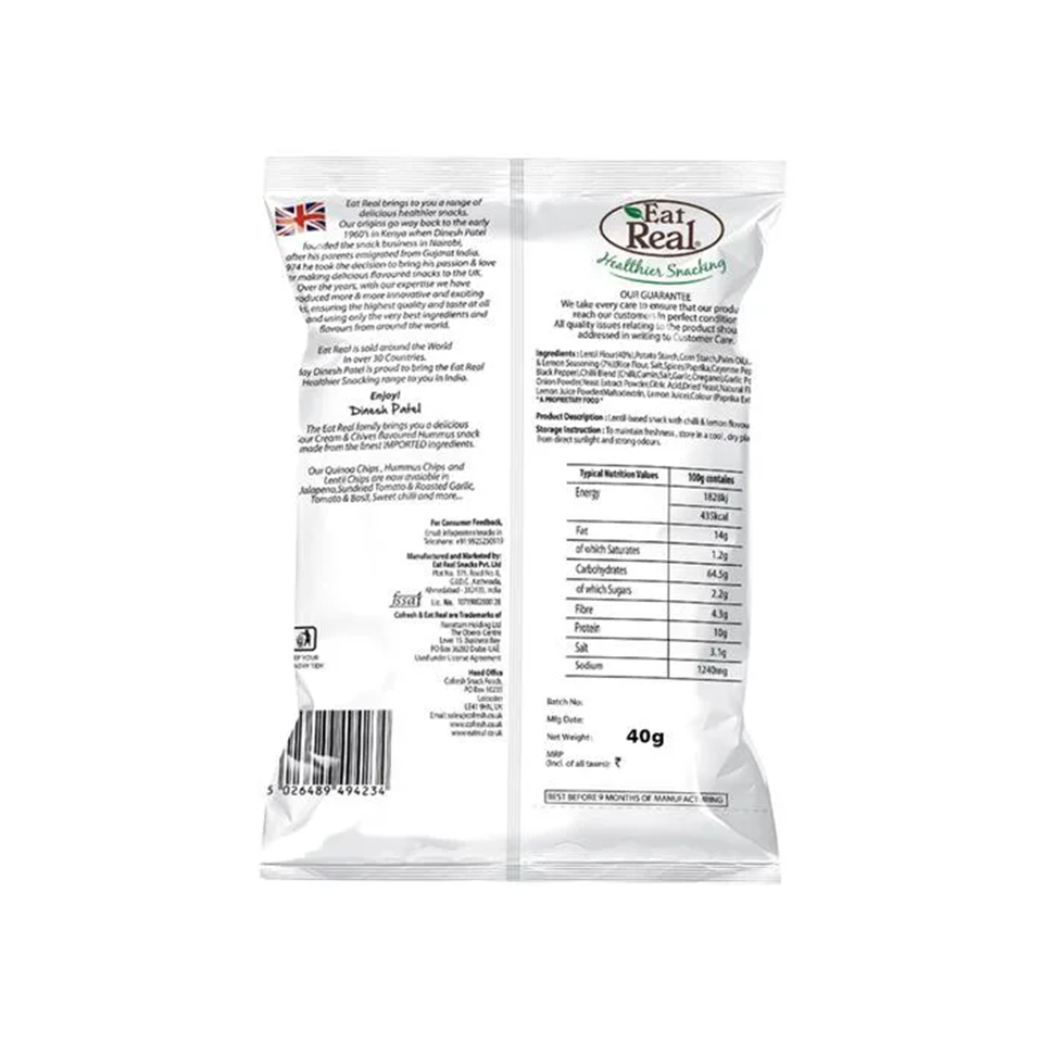 Eat Real - Lentil Chilli Lemon Lentil Chips (40g) - Back Side