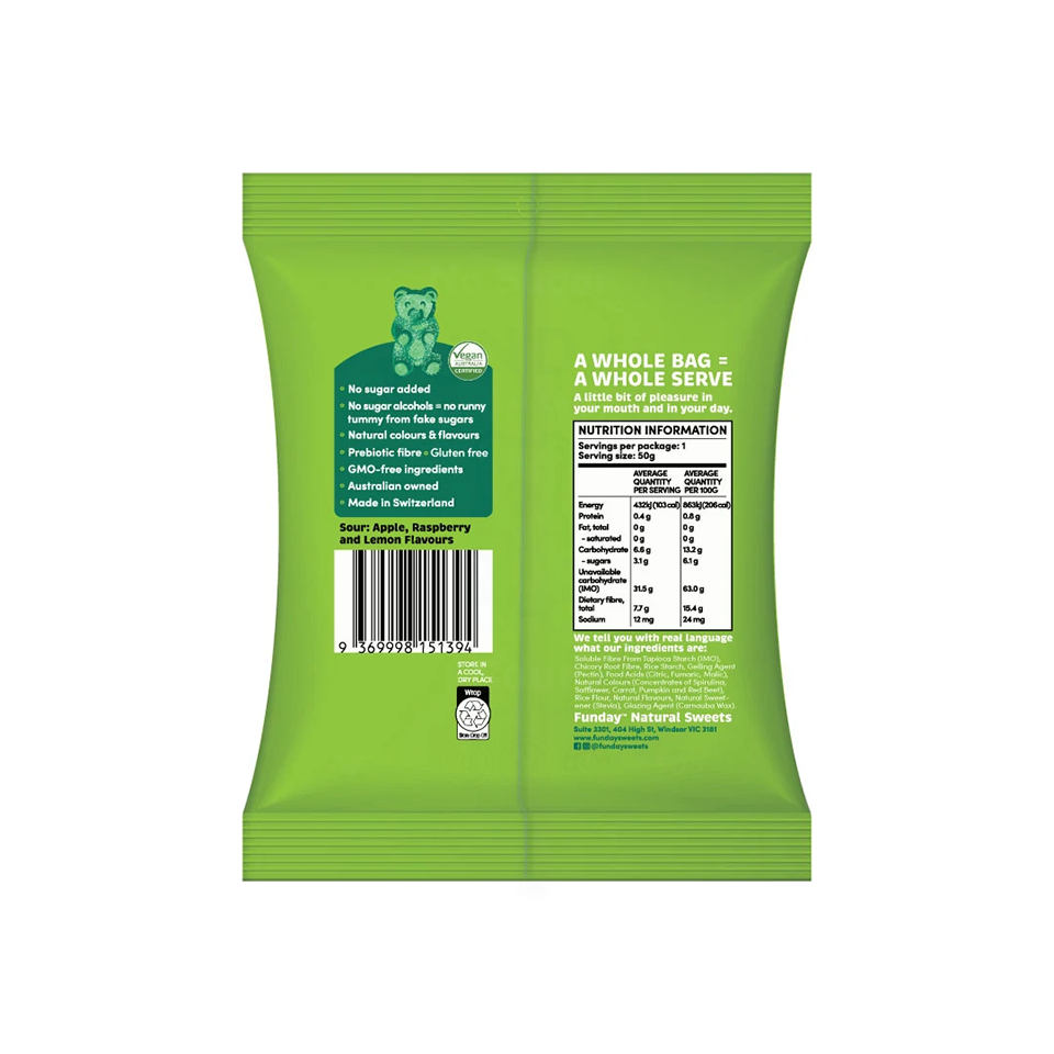 Funday - Sour Vegan Gummy Bears (50g) - Back Side
