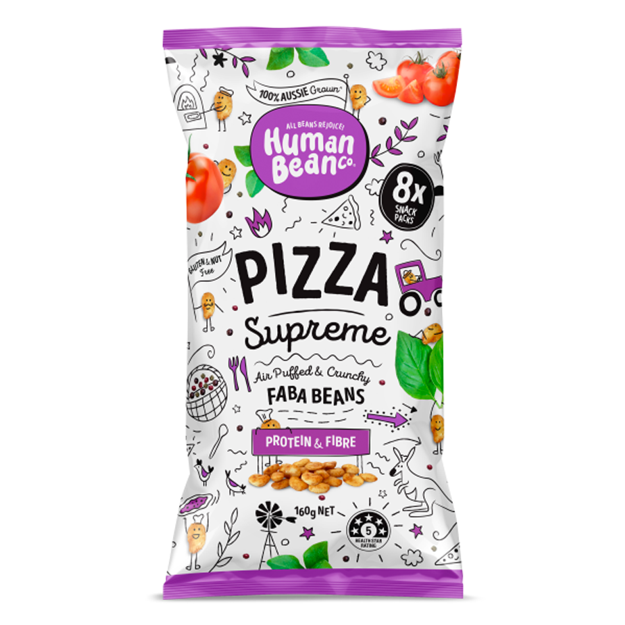 Human Bean Co - Pizza Flavoured Faba Beans (8 pack x 20g) - Front Side